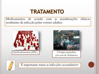 Medicamentos de acordo com as manifestações clínicas
resultantes da infecção pelos vermes adultos.
Dietilcarbamazina (DEC) Cirurgia reparadora
(em caso de elefantiase)
É importante tratar as infecções secundaria!!!
 