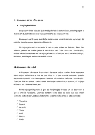 11




4. Linguagem Verbal e Não Verbal


    4.1. Linguagem Verbal

       Linguagem verbal é aquela que utiliza palavras na comunicação, esta linguagem é
dividida em duas modalidades: a linguagem escrita e a linguagem oral.

       Linguagem oral é usada quando há outra pessoa presente para se comunicar. Já
a escrita é usada quando a pessoa está ausente.

       Na linguagem oral o ambiente é comum para ambos os falantes. Além das
palavras, podem ser usados gestos e tom de voz para obter clareza na comunicação,
usando recursos diferentes dos da linguagem escrita. Exemplos: texto narrativo, diálogo,
entrevista, reportagem televisionada entre outros.




4.2. Linguagem não-verbal

       A linguagem não-verbal é o contrario do verbal, pois o objetivo desta linguagem
não é expor verbalmente o que se quer dizer ou o que se está pensando, quando
precisamos transmitir uma mensagem e devemos utilizar outros meios de comunicação.
Exemplos: Placas, figuras, objetos, cores, as charges, o semáforo, o apito do juiz no jogo
de futebol e o cartão vermelho, etc..


       Nesta linguagem figurativa o grau de interpretação de cada um vai desvendar o
que o símbolo representa. Usam-se também neste caso as cores que dão maior
contraste, podendo ser usadas isoladamente, ou combinadas entre si. São exemplos:

    Vermelho
    Laranja
    Amarelo
    Verde
    Azul
    Branco
    Preto
 