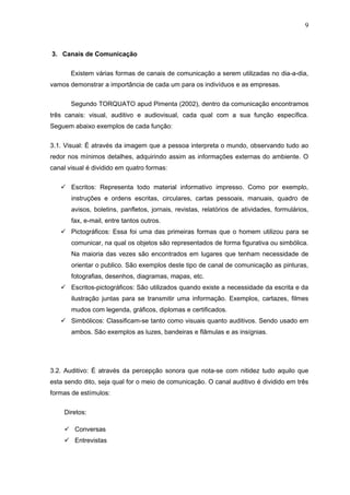 9



3. Canais de Comunicação

       Existem várias formas de canais de comunicação a serem utilizadas no dia-a-dia,
vamos demonstrar a importância de cada um para os indivíduos e as empresas.

       Segundo TORQUATO apud Pimenta (2002), dentro da comunicação encontramos
três canais: visual, auditivo e audiovisual, cada qual com a sua função específica.
Seguem abaixo exemplos de cada função:


3.1. Visual: É através da imagem que a pessoa interpreta o mundo, observando tudo ao
redor nos mínimos detalhes, adquirindo assim as informações externas do ambiente. O
canal visual é dividido em quatro formas:

    Escritos: Representa todo material informativo impresso. Como por exemplo,
       instruções e ordens escritas, circulares, cartas pessoais, manuais, quadro de
       avisos, boletins, panfletos, jornais, revistas, relatórios de atividades, formulários,
       fax, e-mail, entre tantos outros.
    Pictográficos: Essa foi uma das primeiras formas que o homem utilizou para se
       comunicar, na qual os objetos são representados de forma figurativa ou simbólica.
       Na maioria das vezes são encontrados em lugares que tenham necessidade de
       orientar o publico. São exemplos deste tipo de canal de comunicação as pinturas,
       fotografias, desenhos, diagramas, mapas, etc.
    Escritos-pictográficos: São utilizados quando existe a necessidade da escrita e da
       ilustração juntas para se transmitir uma informação. Exemplos, cartazes, filmes
       mudos com legenda, gráficos, diplomas e certificados.
    Simbólicos: Classificam-se tanto como visuais quanto auditivos. Sendo usado em
       ambos. São exemplos as luzes, bandeiras e flâmulas e as insígnias.




3.2. Auditivo: É através da percepção sonora que nota-se com nitidez tudo aquilo que
esta sendo dito, seja qual for o meio de comunicação. O canal auditivo é dividido em três
formas de estímulos:

    Diretos:

     Conversas
     Entrevistas
 