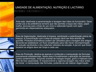 UNIDADE DE ALIMENTAÇÃO, NUTRIÇÃO E LACTÁRIO
Ante-sala: destinada a paramentação e lavagem das mãos do funcionário. Deve
conter pia e de preferência torneira que não permita o toque das mãos, papel
toalha, escovas para unhas de uso único e sabonete líquido com ação
germicida em dispensadores adequados.
Área de higienização: destinada à limpeza, sanitização e esterilização prévia de
frascos. A comunicação com a área de preparo deve ser feita através de
guichês. Produtos enzimáticos podem ser utilizados para a lavagem dos artigos
devendo-se estabelecer um fluxo simplificado para não haver recontaminação
da solução sanitizante e dos materiais retirados da solução. A pia em que foram
lavados os artigos deve ser limpa a cada uso.
Área de Produção: destina-se apenas à confecção e manipulação de fórmulas
previamente estabelecidas. Nesta área é fundamental a aplicação de barreiras
contra contaminação, incluindo avental de mangas longas, gorro e máscara com
filtro de boa capacidade. É imprescindível a vigorosa lavagem das mãos antes
de iniciar a manipulação das fórmulas, podendo-se até realizar degermação.
 
