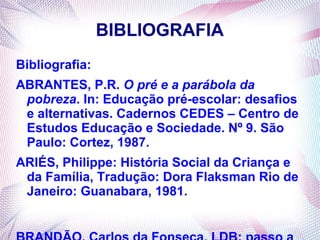 BIBLIOGRAFIA
Bibliografia:
ABRANTES, P.R. O pré e a parábola da
 pobreza. In: Educação pré-escolar: desafios
 e alternativas. Cadernos CEDES – Centro de
 Estudos Educação e Sociedade. Nº 9. São
 Paulo: Cortez, 1987.
ARIÉS, Philippe: História Social da Criança e
 da Família, Tradução: Dora Flaksman Rio de
 Janeiro: Guanabara, 1981.
 