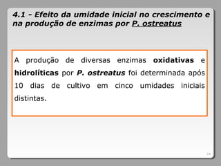 A produção de diversas enzimas oxidativas e
hidrolíticas por P. ostreatus foi determinada após
10 dias de cultivo em cinco umidades iniciais
distintas.
24
4.1 - Efeito da umidade inicial no crescimento e
na produção de enzimas por P. ostreatus
 