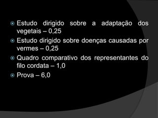  Estudo dirigido sobre a adaptação dos
  vegetais – 0,25
 Estudo dirigido sobre doenças causadas por
  vermes – 0,25
 Quadro comparativo dos representantes do
  filo cordata – 1,0
 Prova – 6,0
 