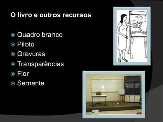 O livro e outros recursos

 Quadro branco
 Piloto
 Gravuras
 Transparências
 Flor
 Semente
 