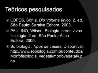 Teóricos pesquisados
 LOPES, Sônia. Bio Volume único. 2. ed.
  São Paulo: Saraiva Editora, 2003.
 PAULINO, Wilson. Biologia: seres vivos
  fisiologia. 2 ed. São Paulo: Ática
  Editora, 2005.
 Só biologia. Tipos de caules. Disponível:
  http://www.sobiologia.com.br/conteudos/
  Morfofisiologia_vegetal/morfovegetal4.p
  hp
 