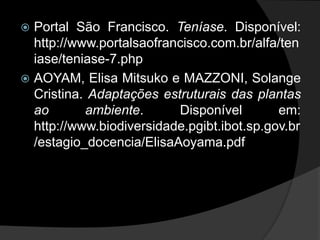  Portal São Francisco. Teníase. Disponível:
  http://www.portalsaofrancisco.com.br/alfa/ten
  iase/teniase-7.php
 AOYAM, Elisa Mitsuko e MAZZONI, Solange
  Cristina. Adaptações estruturais das plantas
  ao       ambiente.      Disponível        em:
  http://www.biodiversidade.pgibt.ibot.sp.gov.br
  /estagio_docencia/ElisaAoyama.pdf
 