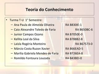 Teoria do Conhecimento
• Turma T-U 1° Semestre:
– Ana Paula de Almeida Oliveira RA B830IE-1
– Caio Alexandre Toledo de Faria RA B650BC-6
– Junior Campos Ozono RA B7050E-0
– Kellita Leal da Silva RA B78882-8
– Laisla Rogéria Monteiro RA B67573-0
– Márcio Costa Ruzon Xavier RA B66EAD-5
– Marília Gabriela Mendes de Faria RA B726EA-8
– Romildo Fontoura Louzada RA B43BEI-0
2
 