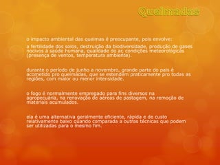 o impacto ambiental das queimas é preocupante, pois envolve:
a fertilidade dos solos, destruição da biodiversidade, produção de gases
nocivos á saúde humana, qualidade do ar, condições meteorológicas
(presença de ventos, temperatura ambiente).


durante o período de junho a novembro, grande parte do pais é
acometido pro queimadas, que se estendem praticamente pro todas as
regiões, com maior ou menor intensidade.


o fogo é normalmente empregado para fins diversos na
agropecuária, na renovação de aéreas de pastagem, na remoção de
materiais acumulados.


ela é uma alternativa geralmente eficiente, rápida e de custo
relativamente baixo quando comparada a outras técnicas que podem
ser utilizadas para o mesmo fim.
 