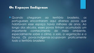 Os Espaços Indígenas
 Quando chegaram ao território brasileiro, os
portugueses encontraram aqui diversos povos que
habitavam esse espaço havia milhares de anos. Ao
longo dos séculos, esses povos tinham acumulado um
importante conhecimento do meio ambiente,
especialmente sobre o clima, o solo, a vegetação e a
fauna. Os povos indígenas ocupavam praticamente
todo o território brasileiro
 