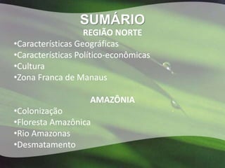 SUMÁRIO
                   REGIÃO NORTE
•Características Geográficas
•Características Político-econômicas
•Cultura
•Zona Franca de Manaus

                    AMAZÔNIA
•Colonização
•Floresta Amazônica
•Rio Amazonas
•Desmatamento
 