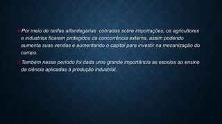 Por meio de tarifas alfandegárias cobradas sobre importações, os agricultores
e industrias ficaram protegidos da concorrência externa, assim podendo
aumenta suas vendas e aumentando o capital para investir na mecanização do
campo.
Também nesse período foi dada uma grande importância as escolas ao ensino
da ciência aplicadas à produção industrial.
 