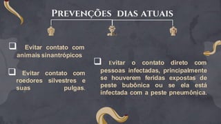 Prevenções dias atuais
q Evitar contato com
roedores silvestres e
suas pulgas.
q evitar o contato direto com
pessoas infectadas, principalmente
se houverem feridas expostas de
peste bubônica ou se ela está
infectada com a peste pneumônica.
 