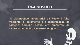 Diagnóstico
O diagnóstico laboratorial da Peste é feito
mediante o isolamento e a identificação da
bactéria Yersinia pestis em amostras de
aspirado de bubão, escarro e sangue.
 