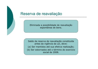Reserva de reavaliação

     Eliminada a possibilidade de reavaliação
              espontânea de bens.




    Saldo da reserva de reavaliação constituída
          antes da vigência da Lei, deve:
    (a) Ser mantidos até sua efetiva realização;
   (b) Ser estornados até o término do exercício
                  social de 2008.
 