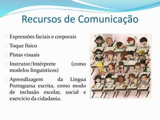 Recursos de Comunicação 
 Expressões faciais e corporais 
 Toque físico 
 Pistas visuais 
 Instrutor/Intérprete (como 
modelos linguísticos) 
 Aprendizagem da Língua 
Portuguesa escrita, como modo 
de inclusão escolar, social e 
exercício da cidadania. 
 