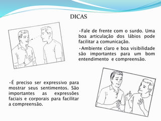 DICAS 
•Fale de frente com o surdo. Uma 
boa articulação dos lábios pode 
facilitar a comunicação. 
•Ambiente claro e boa visibilidade 
são importantes para um bom 
entendimento e compreensão. 
•É preciso ser expressivo para 
mostrar seus sentimentos. São 
importantes as expressões 
faciais e corporais para facilitar 
a compreensão. 
 