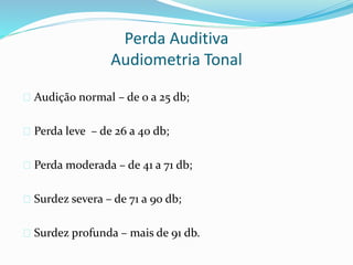 Perda Auditiva 
Audiometria Tonal 
 Audição normal – de 0 a 25 db; 
 Perda leve – de 26 a 40 db; 
 Perda moderada – de 41 a 71 db; 
 Surdez severa – de 71 a 90 db; 
 Surdez profunda – mais de 91 db. 
 