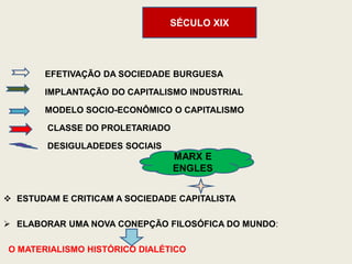 SÉCULO XIX




       EFETIVAÇÃO DA SOCIEDADE BURGUESA

       IMPLANTAÇÃO DO CAPITALISMO INDUSTRIAL

       MODELO SOCIO-ECONÔMICO O CAPITALISMO

        CLASSE DO PROLETARIADO

        DESIGULADEDES SOCIAIS
                                 MARX E
                                 ENGLES


 ESTUDAM E CRITICAM A SOCIEDADE CAPITALISTA

 ELABORAR UMA NOVA CONEPÇÃO FILOSÓFICA DO MUNDO:

O MATERIALISMO HISTÓRICO DIALÉTICO
 