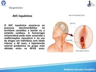 Diagnóstico


       AVC Isquêmico

O AVC isquêmico associa-se ao
processo      aterotrombótico    no
território carotídeo e basilar ou a
embolia cardíaca. A hemorragia
intracerebral pode estar associada a
malformações vasculares e ao uso
de drogas em indivíduos com idade
inferior a 40 anos; a hipertensão
arterial predomina no grupo mais
afetado entre os 40-69 anos.




                                       Acidente Vascular Encefálico
 
