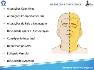 DESORDENS ASSOCIADAS
• Alterações Cognitivas

• Alterações Comportamentais

• Alterações de Fala e Linguagem

• Dificuldades para a Alimentação

• Constipação Intestinal

• Depressão pós AVC

• Epilepsia Vascular

• Dificuldades Motoras

                                           Acidente Vascular Encefálico
 