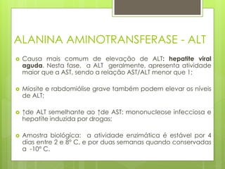 ALANINA AMINOTRANSFERASE - ALT 
 Causa mais comum de elevação de ALT: hepatite viral 
aguda. Nesta fase, a ALT geralmente, apresenta atividade 
maior que a AST, sendo a relação AST/ALT menor que 1; 
 Miosite e rabdomiólise grave também podem elevar os níveis 
de ALT; 
 ↑de ALT semelhante ao ↑de AST: mononucleose infecciosa e 
hepatite induzida por drogas; 
 Amostra biológica: a atividade enzimática é estável por 4 
dias entre 2 e 8° C, e por duas semanas quando conservadas 
a -10° C. 
 