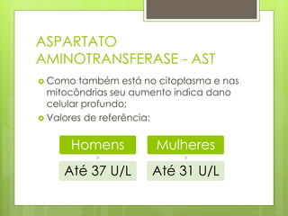 ASPARTATO 
AMINOTRANSFERASE - AST 
 Como também está no citoplasma e nas 
mitocôndrias seu aumento indica dano 
celular profundo; 
 Valores de referência: 
Homens 
Até 37 U/L 
Mulheres 
Até 31 U/L 
 