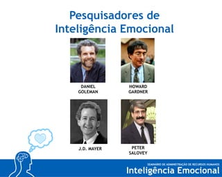 Pesquisadores de
Inteligência Emocional

DANIEL
GOLEMAN

HOWARD
GARDNER

J.D. MAYER

PETER
SALOVEY

 