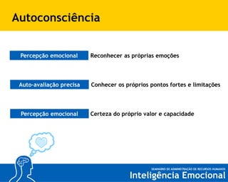 Autoconsciência
Percepção emocional

Reconhecer as próprias emoções

Auto-avaliação precisa

Conhecer os próprios pontos fortes e limitações

Percepção emocional

Certeza do próprio valor e capacidade

 