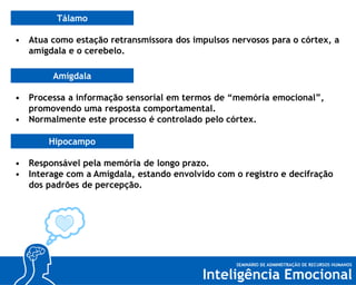 Tálamo
• Atua como estação retransmissora dos impulsos nervosos para o córtex, a
amígdala e o cerebelo.
Amígdala
• Processa a informação sensorial em termos de “memória emocional”,
promovendo uma resposta comportamental.
• Normalmente este processo é controlado pelo córtex.
Hipocampo
• Responsável pela memória de longo prazo.
• Interage com a Amígdala, estando envolvido com o registro e decifração
dos padrões de percepção.

 