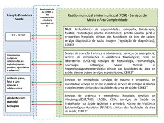 Apoio matricial
                        do CEREST e
                            das
Atenção Primária à
                       coordenações
                                           Região municipal e intermunicipal (PDR) - Serviços de
      Saúde              estadual e                   Média e Alta Complexidade
                        municipal em
                             ST
                                         NASF; Ambulatórios de especialidades; ortopedia; fisioterapia;
                                         fisiatria; reabilitação; pronto atendimento; pronto socorro geral e
   LER - DORT
                                         ortopédico; hospitais; clínicas das faculdades da área de saúde;
                                         serviço diagnóstico de rádio imagem (regulação de diagnóstico);
                                         CEREST

                                         Serviço de atenção à criança e adolescente; serviços de emergência;
Intoxicações
exógenas                                 centros de informações e assistência toxicológicas; rede de
relacionadas ao                          laboratórios (LACENS); serviços de hematologia, reumatologia,
trabalho (metais                         neurologia,        nefrologia;        Saúde        Mental;        e
pesados, agrotóxicos
e solventes)
                                         hepatologia/gastroenterologia; clínicas das faculdades da área de
                                         saúde; dentre outros serviços especializados; CEREST
Acidente grave,
fatal e com
                                         Serviços de emergência; serviços de trauma e ortopedia, de
crianças e                               queimados; serviço de órtese e prótese; serviço de atenção à criança
adolescentes                             e adolescente; clínicas das faculdades da área de saúde; CEREST

                                         Serviços de urgência e emergência; hospitais; serviços de
Acidente com                             infectologia/DST/AIDS; LACEN; CCIH; serviços de Saúde do
material                                 Trabalhador da Saúde (público e privado); Núcleo de Vigilância
biológico                                Epidemiológica Hospitalar (NUVEH); clínicas das faculdades da área
                                         de saúde; CEREST
 