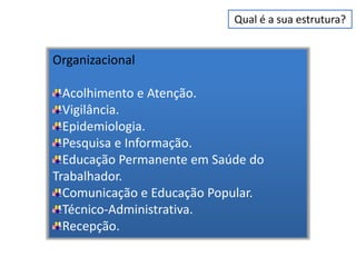 Qual é a sua estrutura?


Organizacional

  Acolhimento e Atenção.
  Vigilância.
  Epidemiologia.
  Pesquisa e Informação.
  Educação Permanente em Saúde do
Trabalhador.
  Comunicação e Educação Popular.
  Técnico-Administrativa.
  Recepção.
 