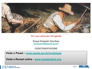 Por sua atenção obrigada

                     Soraya Wingester Vilas Boas
                      soraya.boas@saude.gov.br

                       CGSAT/DSAST/SVS/MS

Visite o Pisast – www.saude.gov.br/svs/pisast

Visite a Renast online - www.renastonline.org
 