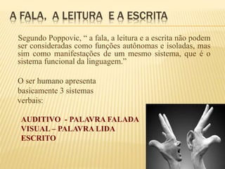 A FALA, A LEITURA E A ESCRITA 
Segundo Poppovic, “ a fala, a leitura e a escrita não podem 
ser consideradas como funções autônomas e isoladas, mas 
sim como manifestações de um mesmo sistema, que é o 
sistema funcional da linguagem.” 
O ser humano apresenta 
basicamente 3 sistemas 
verbais: 
AUDITIVO - PALAVRA FALADA 
VISUAL – PALAVRA LIDA 
ESCRITO 
 