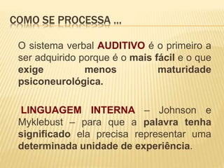 COMO SE PROCESSA ... 
O sistema verbal AUDITIVO é o primeiro a 
ser adquirido porque é o mais fácil e o que 
exige menos maturidade 
psiconeurológica. 
LINGUAGEM INTERNA – Johnson e 
Myklebust – para que a palavra tenha 
significado ela precisa representar uma 
determinada unidade de experiência. 
 