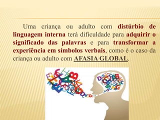Uma criança ou adulto com distúrbio de 
linguagem interna terá dificuldade para adquirir o 
significado das palavras e para transformar a 
experiência em símbolos verbais, como é o caso da 
criança ou adulto com AFASIA GLOBAL. 
 