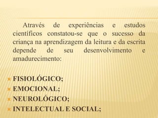 Através de experiências e estudos 
científicos constatou-se que o sucesso da 
criança na aprendizagem da leitura e da escrita 
depende de seu desenvolvimento e 
amadurecimento: 
 FISIOLÓGICO; 
 EMOCIONAL; 
 NEUROLÓGICO; 
 INTELECTUAL E SOCIAL; 
 