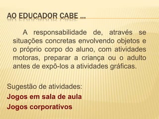 AO EDUCADOR CABE ... 
A responsabilidade de, através se 
situações concretas envolvendo objetos e 
o próprio corpo do aluno, com atividades 
motoras, preparar a criança ou o adulto 
antes de expô-los a atividades gráficas. 
Sugestão de atividades: 
Jogos em sala de aula 
Jogos corporativos 
 