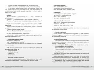 pequenos grupospequenos grupos
Temas para Reuniões de Coordenadores e LíderesTemas para Reuniões de Coordenadores e Líderes
18 19
Ÿ	 O Plano de Oração Intercessória pode ser: no Pequeno Grupo
Ÿ	 Utilizar os momentos específicos da reunião para envolver a todos.
Ÿ	 O líder poderá usar um cartão ou ficha com motivos da oração, onde
cada membro colocará o seu pedido. Em seguida, cada um poderá citar um
verso bíblico que lhe dá certeza da oração respondida, e finalmente cada um
poderá orar em frases.
Exemplo:
1ª pessoa: “Senhor, tu que criastes os Céus e a Terra e os mantém em
perfeita ordem...”.
2ª pessoa: “... Tu que nos revelaste o plano de perdão e salvação...”.
3ª pessoa: “... Tu que ouves as nossas súplicas e promete respondê-las...”.
Depois desse primeiro bloco, o grupo pode concluir com as petições
específicas:
1ª pessoa: “Peço por perdão para nossos pecados ocultos e conhecidos
por nós”.
2ª pessoa: “Peço por nossas famílias”
3ª pessoa: “Peço pela salvação de nossos amigos”
Em casa: Orar em 3 momentos do dia, como:
6:00h, 12:00h e 18:00h, pela salvação de parentes, amigos e vizinhos e
pelo projeto evangelístico do PG.
2.	 Preparação de Novos Líderes
Uma máxima de liderança:
“Líder é aquele que faz um novo líder”.
O próprio Cristo pediu aos discípulos que rogassem ao Pai por mais traba-
lhadores na seara.
O PG deve ter um treinamento semestral para formação de líderes. O
seminário dever constar de:
Ÿ	Amor pelas almas
Ÿ	Noções de liderança.
Ÿ	Visão do PG
Ÿ	Compromisso
3.	 Planos de Desafios Trimestrais
O método consiste em proporcionar ao PG, atividades que visem cresci-
mento espiritual, evangelismo, e formar a igreja em pequenos grupos.
Crescimento Espiritual:
Plano de leitura bíblica diária.
Assinatura da lição da Escola Sabatina.
Plano de visitação entre os membros do PG.
Evangelismo:
Inscrever 2 pessoas na classe bíblica da igreja.
Ter no mínimo 2 duplas missionárias.
Levar 2 almas ao batismo.
Ter um alvo semestral e trimestral.
...Planos de desafios trimestrais:
Igreja em PG: Realizar uma Escola Sabatina.
Realizar um Culto J A.
Realizar um curso doutrinário na 4ª feira.
Esses desafios serão avaliados pelo líder semanalmente e pelo coordena-
dor no encontro com os líderes.
		
4.	 Reunião Inspiradora
O culto inspirador é fator predominante nas igrejas que estão crescendo.
Nos pequenos grupos a reunião deve ser de tal forma que os membros presen-
tes sintam prazer em estar ali.
Elementos Indispensáveis:
Ÿ	 Uma boa recepção (o anfitrião precisa receber treinamento específico
de como saudar e recepcionar o membro do PG para que ele sinta-se bem em
participar e convidar outros).	
Ÿ	 Louvor contagiante (Coletâneas, CDs, vídeo e cantando com a alma).
Ÿ	 Oração que atenda as necessidades.
Ÿ	 Estudo da Bíblia com aplicação pessoal.
Ÿ	 Testemunhos que motivem outros à confiança em Deus.
5.	 Visão Missionária
Todo membro do PG deve saber que o único propósito da igreja e PG é
salvar pessoas do pecado.
Falando da igreja em Tessalônica Ellen G. White disse: “Os crentes de Tes-
salônica eram verdadeiros missionários... Por intermédio das verdades apre-
sentadas, almas foram ganhas e adicionadas ao número de crentes”. (AA 256)
À semelhança da igreja primitiva, o PG crescerá quando seus membros
incorporarem o Reino de Deus como primazia em suas vidas.
 