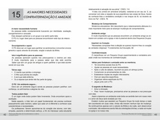 pequenos grupospequenos grupos
Temas para Reuniões de Coordenadores e LíderesTemas para Reuniões de Coordenadores e Líderes
42 43
15
AS MAIORES NECESSIDADES:
CONFRATERNIZAÇÃO E AMIZADE
A maior necessidade humana
As pessoas estão constantemente buscando por identidade, aceitação,
companheirismo e amizade.
Elas desejam pertencer a um grupo e se sentir parte dele.
O PG é o lugar ideal para as pessoas encontrarem este tipo de relacio-
namento.
	 Encorajamento e apoio
	O PG deve ser um lugar para partilhar os sentimentos e encontrar encora-
jamento e apoio através da amizade, oração e estudo da Bíblia.
	 Isto é significativo para as pessoas:
	As pessoas apreciam quando nos preocupamos e oramos por elas.
	 É muito importante para a pessoa saber que não está sozinha;
	 Saber que tem um grupo de amigos a quem partilhar o que está aconte-
cendo em sua vida.
Talvez seja:
Ÿ O marido que perdeu o emprego.
Ÿ O filho que precisa de oração.
Ÿ A avó que está enferma.
Ÿ Ou a esposa que ainda não faz parte da igreja...
	 O PG Um ambiente seguro...
Deve ser um ambiente seguro aonde as pessoas possam partilhar, com
confiança, os sofrimentos e alegrias da vida.
	 Todos podem falar
	É um lugar onde todos podem falar livremente. Onde encontram apoio e
aceitação.
Neste aspecto, o líder tem um papel fundamental; ele precisa conhecer
pessoalmente cada membro, saber que cada um é diferente e conhecer suas
características e necessidades.
Os professores “devem aproximar-se do coração dos alunos, com tato,
simpatia, paciente e determinado esforço, a fim de interessar cada estudante
relativamente à salvação de sua alma”. CSES, 114
	“A eles vos unireis em amorável simpatia, visitando-os em seu lar. E, ao
conversar com eles a respeito de sua experiência nas coisas de Deus, haveis
de conhecer-lhes a verdadeira condição e nos braços da fé, os levareis ao
trono do Pai”. CSES, 76
	 Mudança de Comportamento
	Modernos educadores têm descoberto que o relacionamento afetuoso é o
mais importante meio para se alcançar mudanças de comportamento.
Ambiente amigo
É muito importante que as pessoas encontrem um ambiente amigo ao en-
trarem em contato com a igreja, e isto é possível dentro dos Pequenos Grupos.
Imprimir no Coração
“Necessitais conquistar-lhes a afeição se quereis imprimir-lhes no coração
as verdades religiosas”. Fundamentos da Educação, 68
	Confraternização
	É maravilhoso ver um Pequeno Grupo experimentando a verdadeira ami-
zade cristã nos momentos de confraternização.
	 Idéias para fortalecer a amizade entre os membros.
Ÿ	 Ter encontros sociais fora do PG.
Ÿ	 Ajudar as pessoas em suas necessidades.
Ÿ Após o culto de sábado, reunirem-se para um almoço juntos.
Ÿ Comemorar os aniversariantes do mês.
Ÿ Estabelecer duplas de oração intercessória.
Ÿ Orar por assuntos específicos.
Ÿ Organizar retiros espirituais do PG.
Ÿ Jejuar junto com o PG.
	 O segredo da Mudança:
Ÿ Amor e Amizade.
Ÿ Para haver mudanças, precisamos amar as pessoas e nos preocupar
com elas.
	Assim criaremos um ambiente onde todos se sentirão bem em nosso meio
e o amor de Deus será revelado por nós.
Existem muitos que assistem ao Pequeno Grupo há muito tempo e nada
tem acontecido em suas vidas. Ainda não tiveram nenhum tipo de mudança.
Se continuarmos apenas com o estudo da Bíblia e da Lição, sem desenvolver
a amizade, não estaremos sendo fiéis às orientações divinas, e nada vai mudar
na igreja e na nossa vida.
 