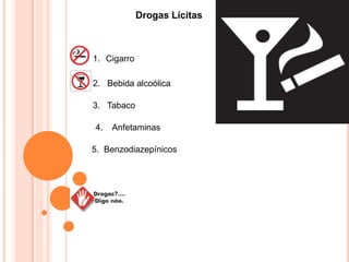 Drogas Lícitas



1. Cigarro

2. Bebida alcoólica

3. Tabaco

4.   Anfetaminas

5. Benzodiazepínicos
 