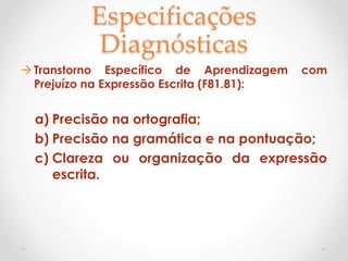 Especificações
Diagnósticas
Transtorno Específico de Aprendizagem com
Prejuízo na Expressão Escrita (F81.81):
a) Precisão na ortografia;
b) Precisão na gramática e na pontuação;
c) Clareza ou organização da expressão
escrita.
 