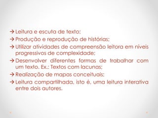 Leitura e escuta de texto;
Produção e reprodução de histórias;
Utilizar atividades de compreensão leitora em níveis
progressivos de complexidade;
Desenvolver diferentes formas de trabalhar com
um texto. Ex.: Textos com lacunas;
Realização de mapas conceituais;
Leitura compartilhada, isto é, uma leitura interativa
entre dois autores.
 
