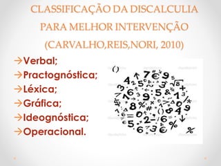 CLASSIFICAÇÃO DA DISCALCULIA
PARA MELHOR INTERVENÇÃO
(CARVALHO,REIS,NORI, 2010)
Verbal;
Practognóstica;
Léxica;
Gráfica;
Ideognóstica;
Operacional.
 