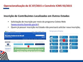 Operacionalização da EC 87/2015 e Convênio ICMS 93/2015
Inscrição de Contribuintes Localizados em Outros Estados
• Solicitação de Inscrição por meio do programa Coleta Web
(www.receita.fazenda.gov.br);
• Quem já possuir inscrição no Estado não precisará solicitar nova inscrição;
 