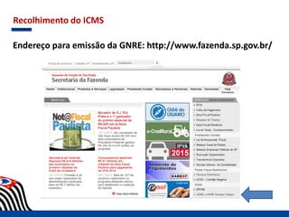Recolhimento do ICMS
Endereço para emissão da GNRE: http://www.fazenda.sp.gov.br/
 