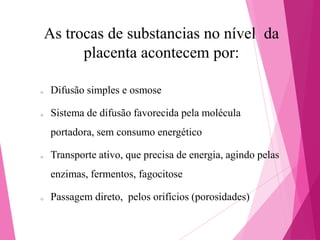 As trocas de substancias no nível da
placenta acontecem por:
o

Difusão simples e osmose

o

Sistema de difusão favorecida pela molécula
portadora, sem consumo energético

o

Transporte ativo, que precisa de energia, agindo pelas

enzimas, fermentos, fagocitose
o

Passagem direto, pelos orifícios (porosidades)

 