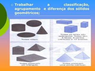 

Trabalhar
a
classificação,
agrupamento e diferença dos sólidos
geométricos;

 