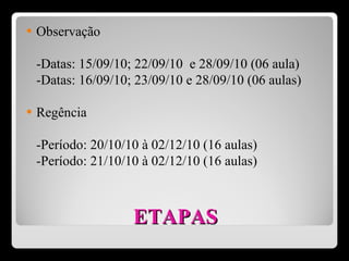 ETAPAS Observação -Datas: 15/09/10; 22/09/10  e 28/09/10 (06 aula) -Datas: 16/09/10; 23/09/10 e 28/09/10 (06 aulas) Regência -Período: 20/10/10 à 02/12/10 (16 aulas) -Período: 21/10/10 à 02/12/10 (16 aulas) 