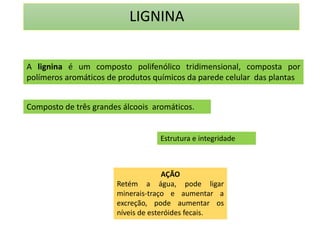LIGNINA 
A lignina é um composto polifenólico tridimensional, composta por 
polímeros aromáticos de produtos químicos da parede celular das plantas 
Composto de três grandes álcoois aromáticos. 
Estrutura e integridade 
AÇÃO 
Retém a água, pode ligar 
minerais-traço e aumentar a 
excreção, pode aumentar os 
níveis de esteróides fecais. 
 