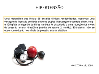 HIPERTENSÃO 
Uma metanálise que incluiu 25 ensaios clínicos randomizados, observou uma 
variação na ingestão de fibras entre os grupos intervenção e controle entre 3,8 g 
e 125 g/dia. A ingestão de fibras na dieta foi associada a uma redução nos níveis 
da pressão arterial diastólica (média de quase 2 mmHg). Entretanto, não se 
observou redução nos níveis de pressão arterial sistólica 
WHELTON et al., 2005. 
 